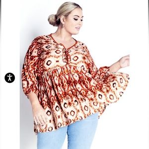 Avenue Elouise Boho Peplum Top Size 16 Orange Tie Neck NWT Plus Size